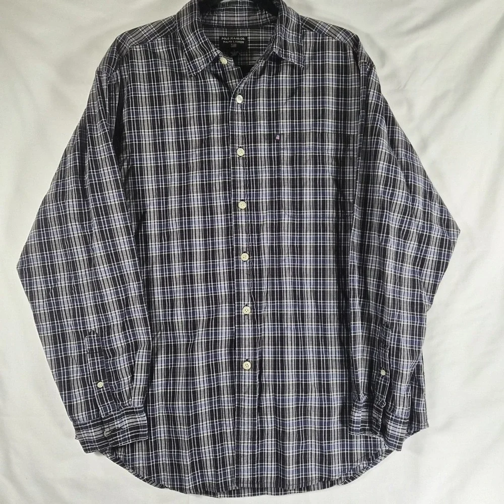Vintage Polo Jeans Co Ralph Lauren Men's Large Blue Plaid Long Sleeve Button...